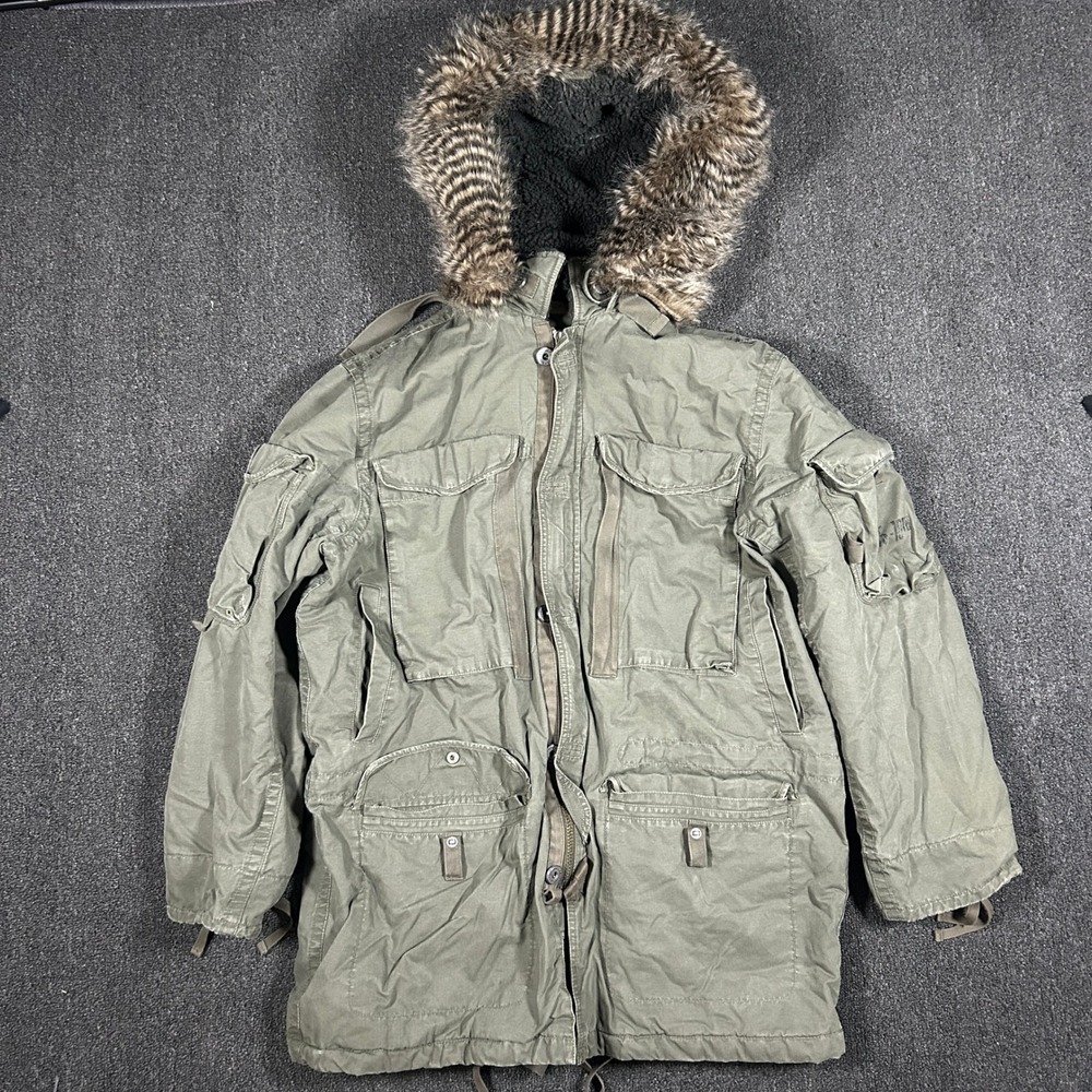 Gap Military Cold Weather Parka Mens XL Green Y2K Sherpa Faux Fur Hood Jacket